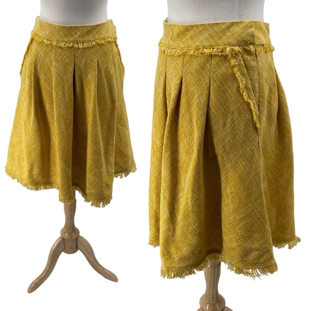 Anthropologie Maeve Tweed Skirt Fringe Trim Pleated Flare Pockets Yellow Gold 6